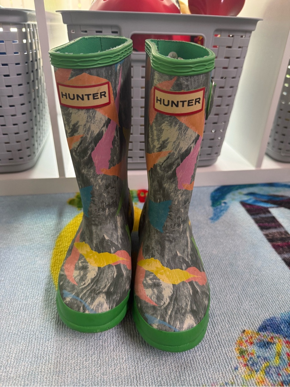 Hunter Kids Multicolor Abstract Rain Boots with Green Trim